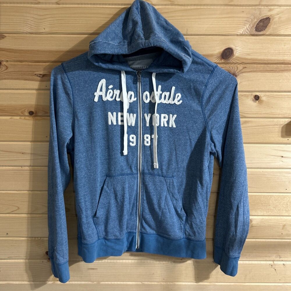 Aeropostale Mens Large Blue Hoodie Full Zip Embroidered Y2k Vintage Grunge Skate